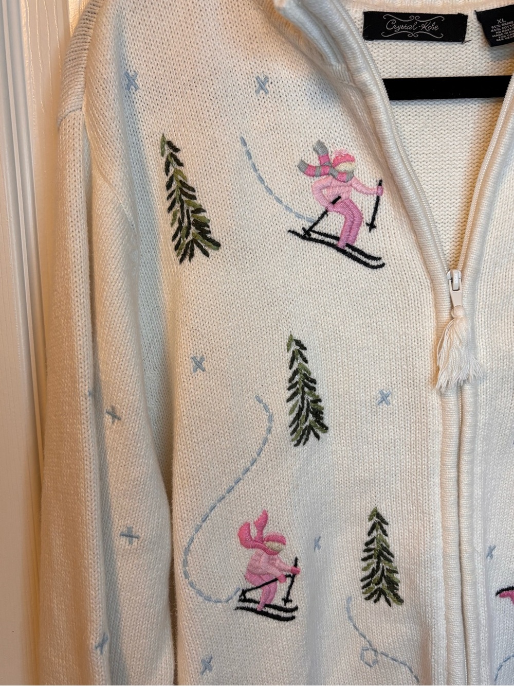 Vintage Crystal-Kobe Embroidered Ski Sweater Cardigan XL 90s Alpine Winter Full - Picture 7 of 9